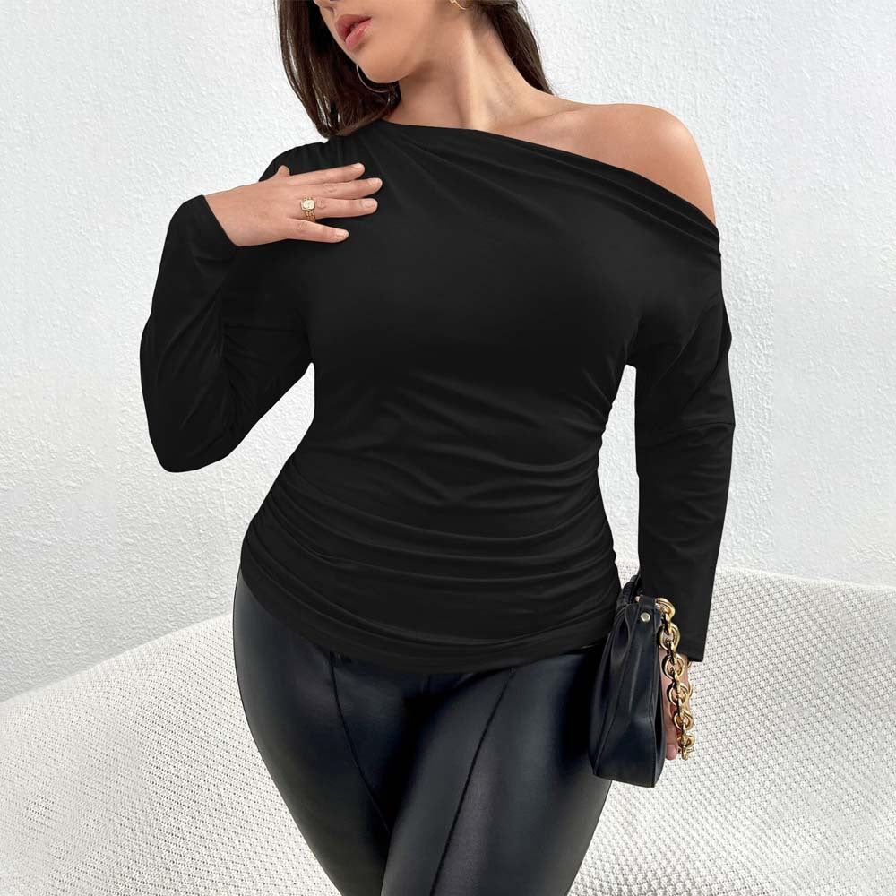 Plus Size Women’s T-Shirt | Royal Sister Style | Autumn & Winter Fashion | One-Line Neck | Elegant Temperament Top