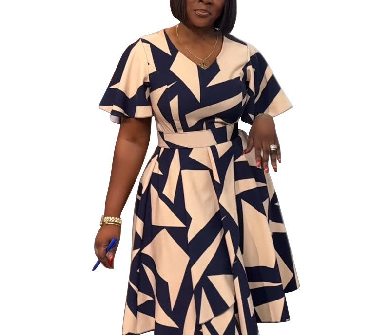 2025 Spring Summer Elegant Women's V-Neck Digital Print Slit Dress – Chic Lightweight Casual Maxi Dress