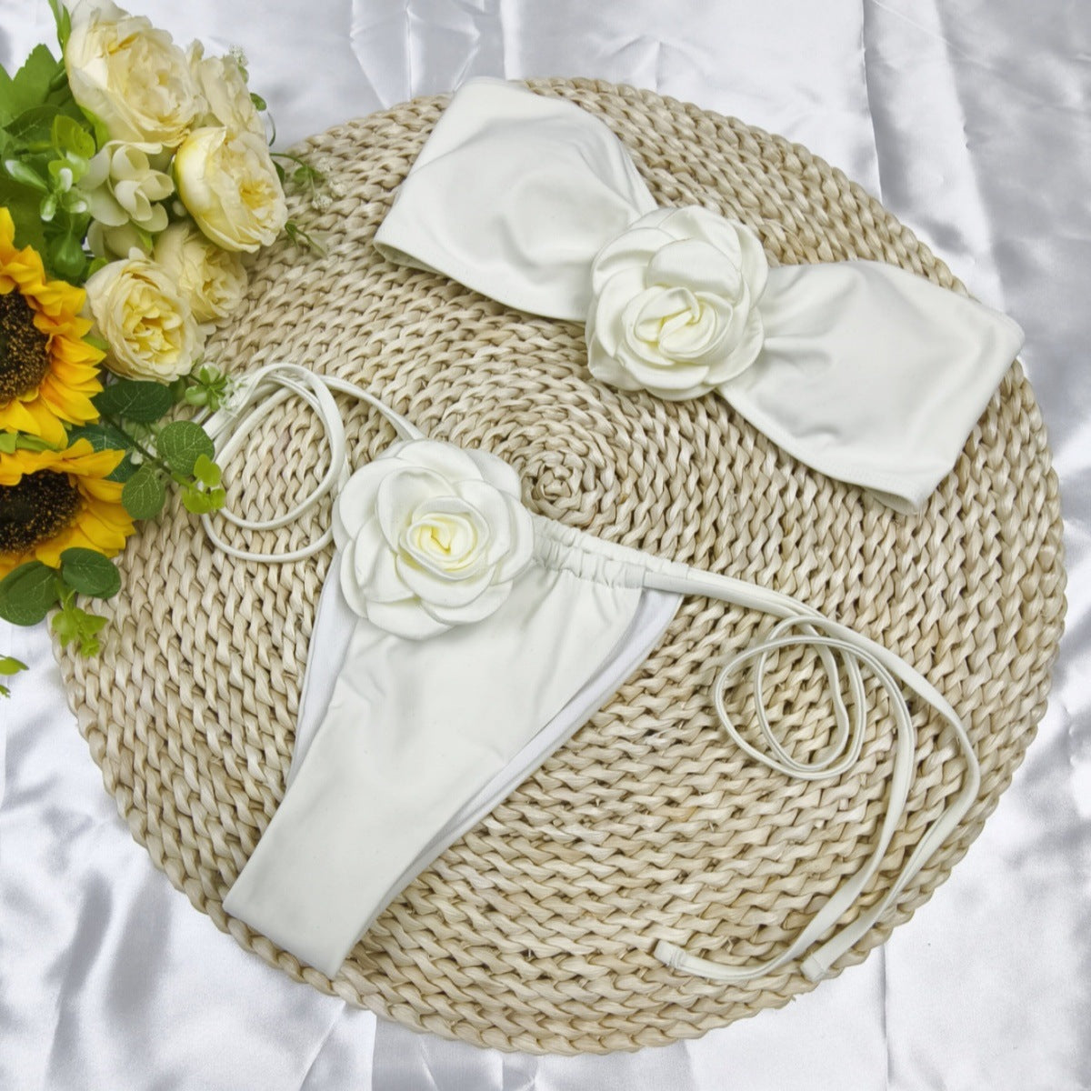 Solid Color Flower Tube Top Drawstring Strap Split Bikini Swimsuit - Trendy Summer Swimwear