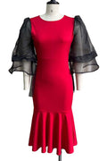 Women Round Neck Long Less Sleevess Bodycon Party Dress