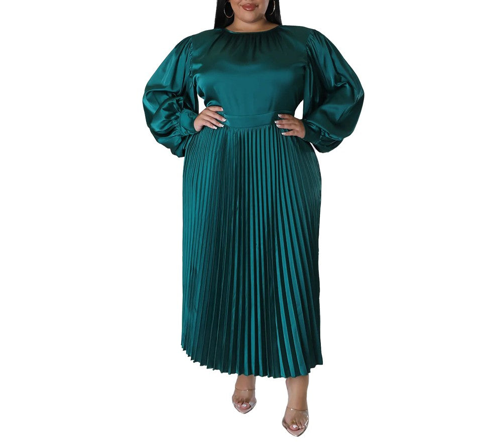 Plus Size Long-Sleeve Pleated Round-Neck Midi Dress for Women – Autumn/Winter Solid Color Casual Elegant Outfit