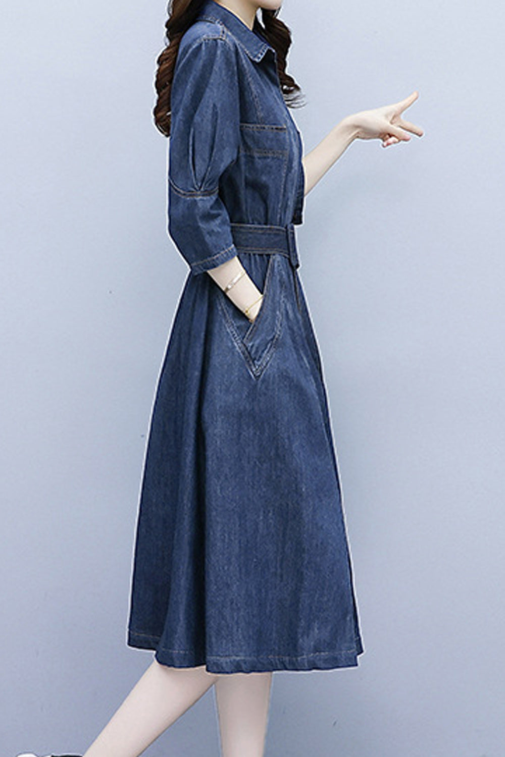 Women Stylish Collar Short Sleeve Awesome Solid Colored Mid-Length Autumn Casual Denim Dress