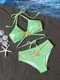 New Solid Color Starfish Embroidery Lace-Up Split Bikini Swimsuit