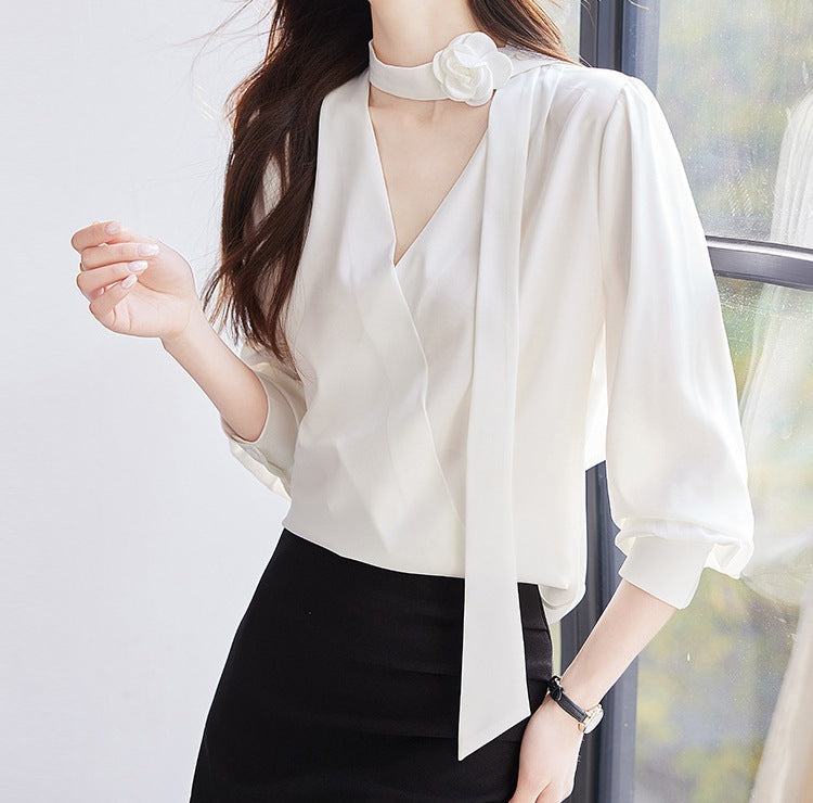 Women's Ruffled Strap Chiffon Shirt - Stylish Elegant Long Sleeve Top