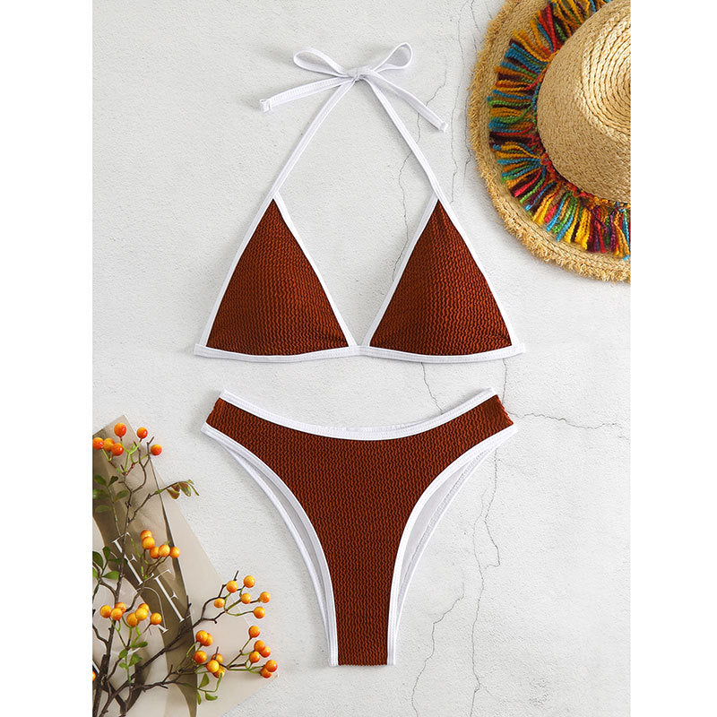 New Solid Color Lace-Up Neck Bikini with High Waist & Backless Split Design