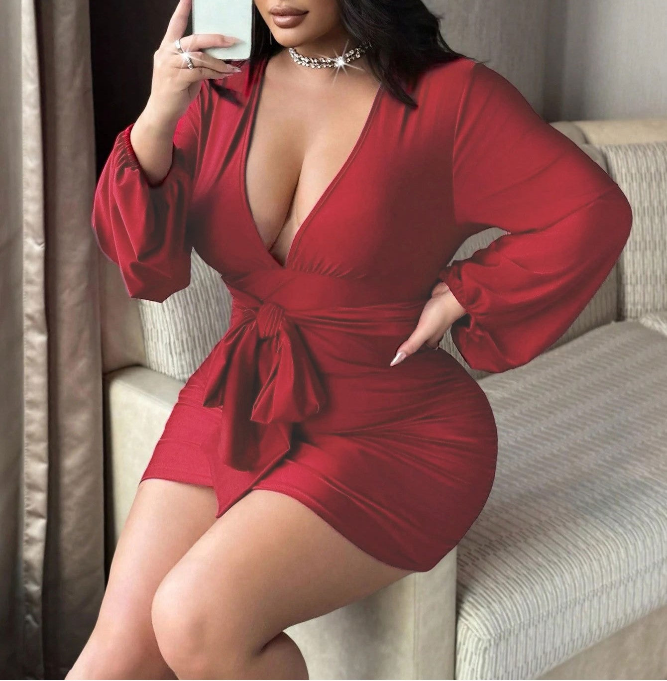 Plus Size V-Neck Summer Dress for Women – High Waist Short Skirt, Elegant Socialite Style