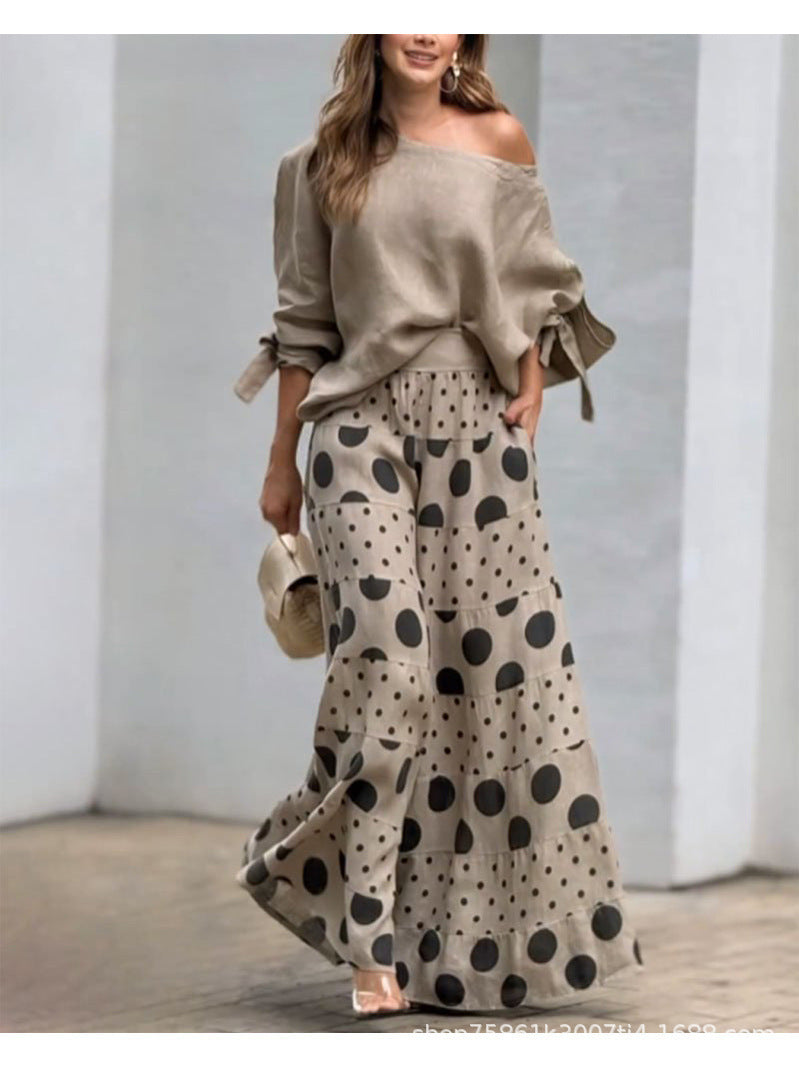 Women's Casual Shoulder Print Top & Matching Pants 2-Piece Outfit Set