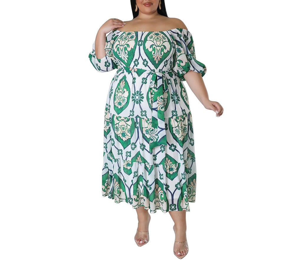 Summer New Style Printed Short-Sleeved Lace-Up Pleated High Waist Plus Size Dress