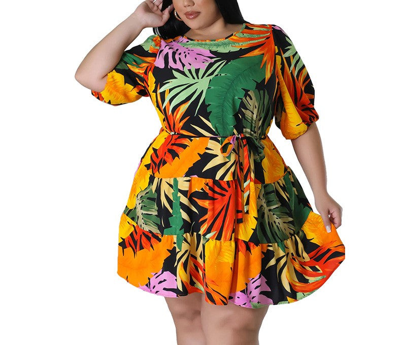 Women's Green Leaf Print Lantern Sleeve Dress – Deep Round Neck, Plus Size Casual Boho Style
