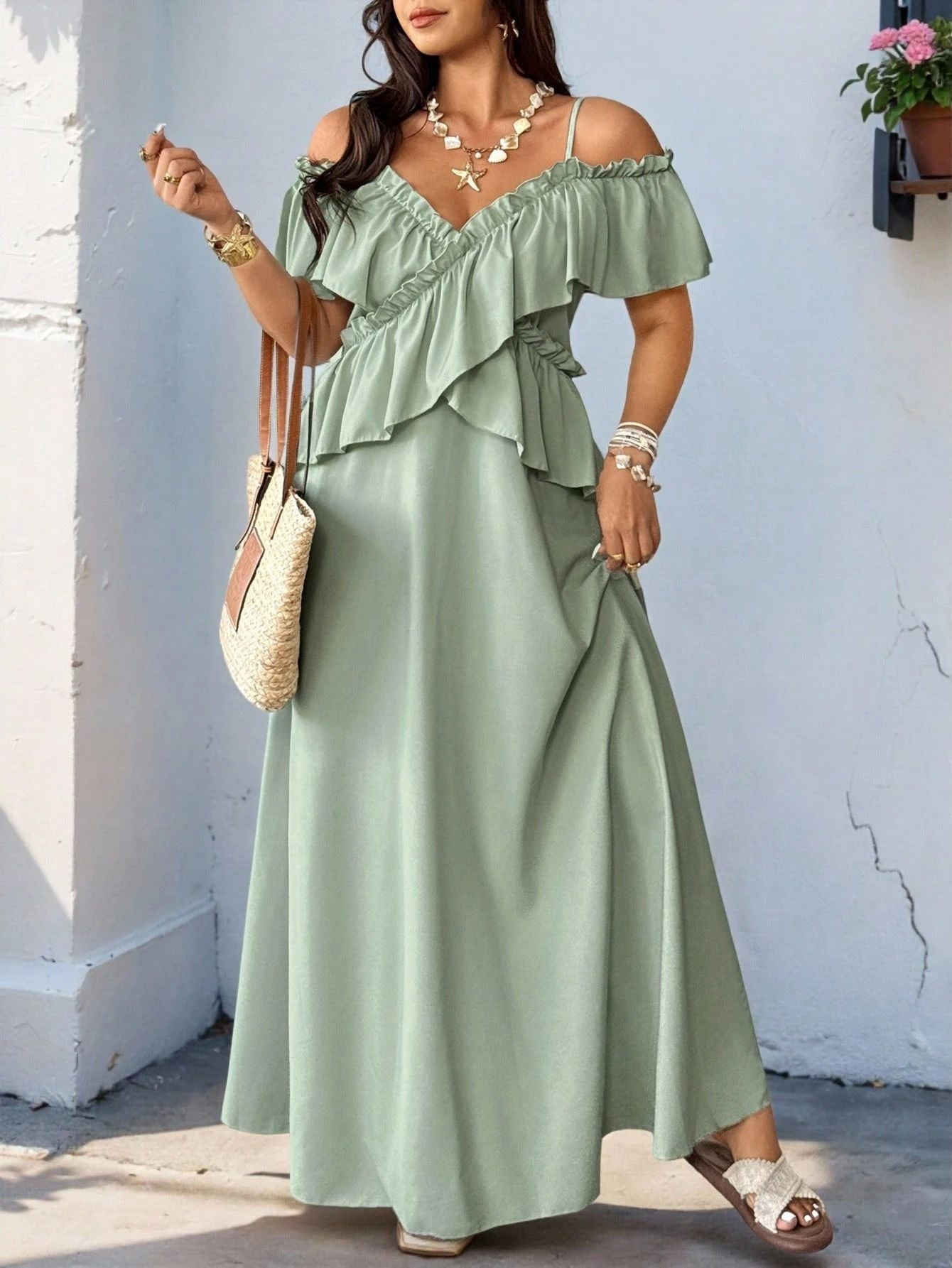 Women’s Plus-Size Summer Camisole Dress – Loose Fit Off-Shoulder Ruffled Maxi Dress
