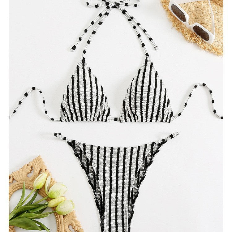 Striped Printed Drawstring Lace Neck Bikini Split Swimsuit