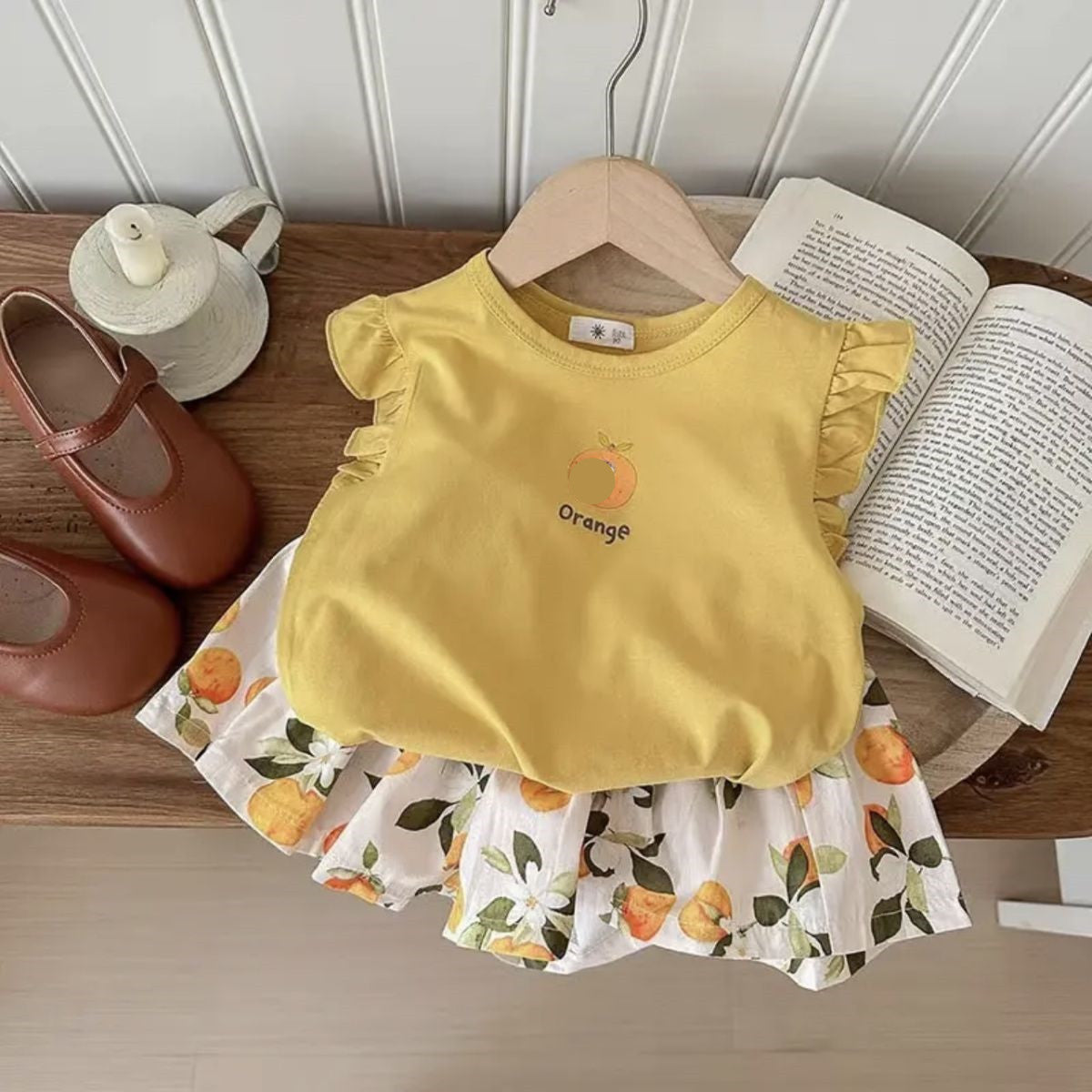 Summer Girls’ 2-Piece Outfit – Sweet Flying Sleeve Cartoon T-Shirt & Floral Shorts - RAC26JP5392BATS