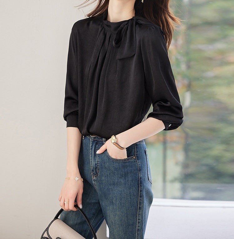 Women's Satin Long Sleeve Shirt - Professional Western Style Premium Office Top