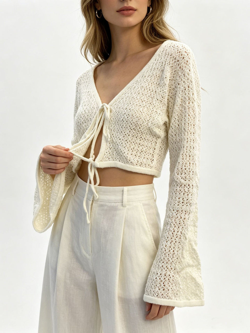 Women's V-Neck Openwork Knit Cardigan Tie-Waist Sun Protection Cover-Up Lightweight Long Sleeve Summer Sweater