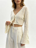 Women's V-Neck Openwork Knit Cardigan Tie-Waist Sun Protection Cover-Up Lightweight Long Sleeve Summer Sweater