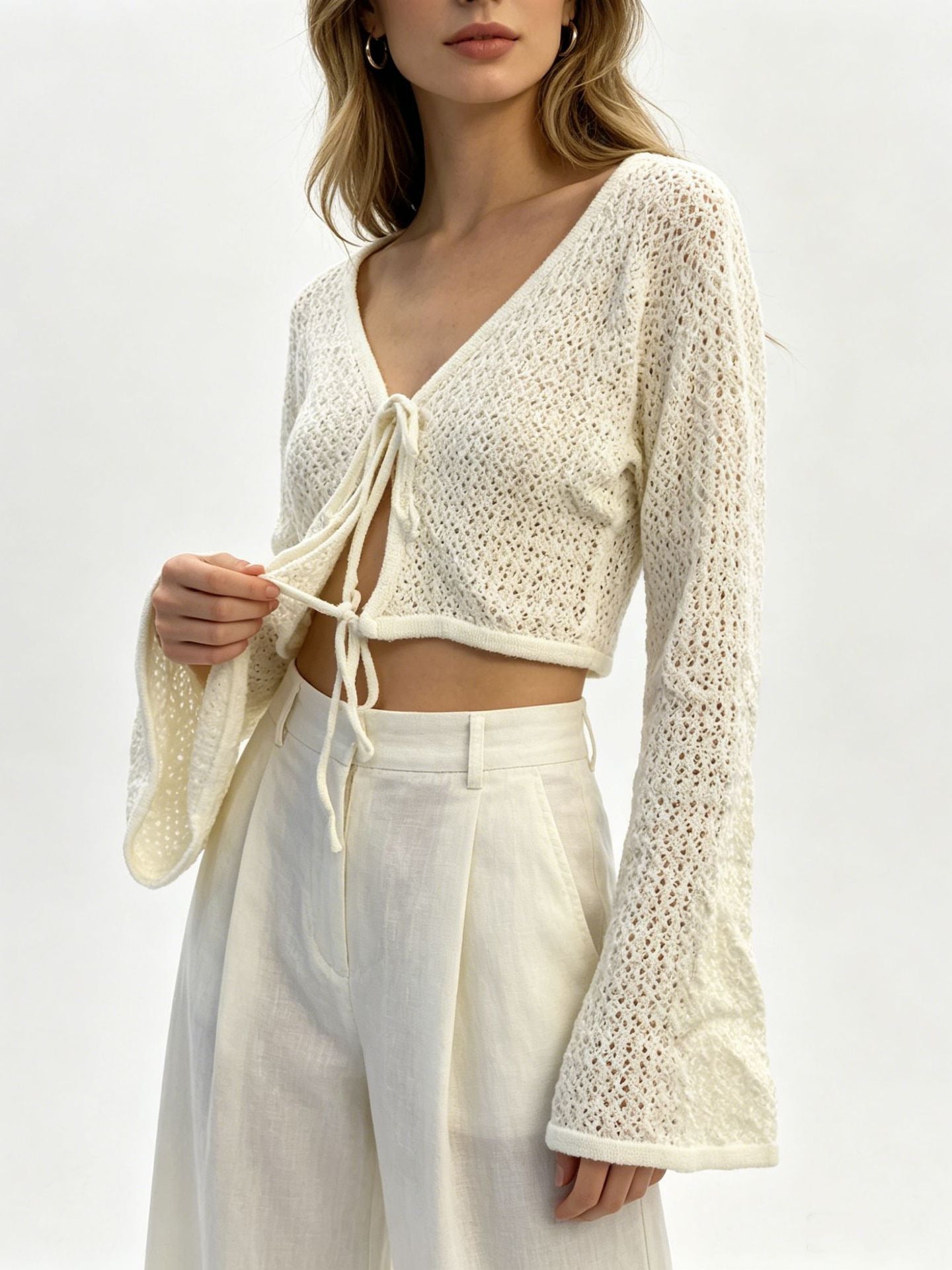 Women's V-Neck Openwork Knit Cardigan Tie-Waist Sun Protection Cover-Up Lightweight Long Sleeve Summer Sweater