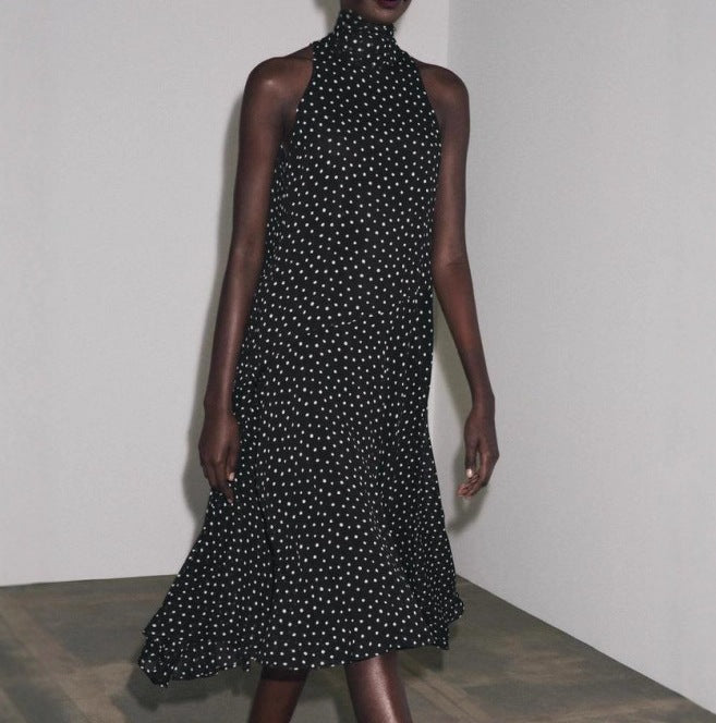 Women's Loose Polka Dot Halter Neck Sleeveless Irregular Hem Dress