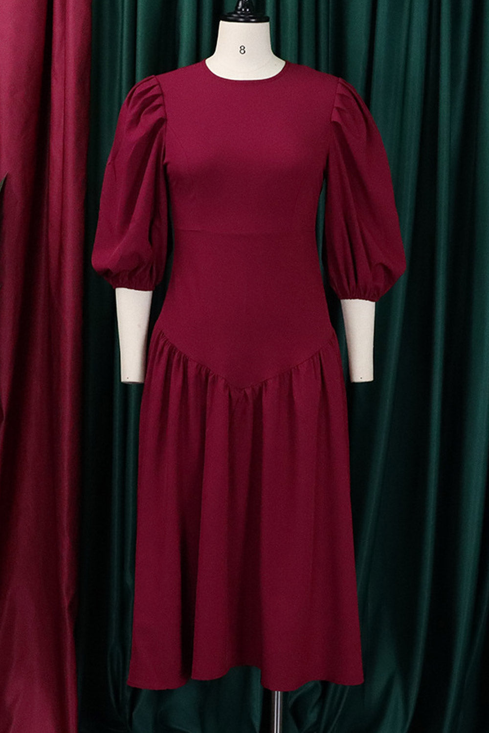 Women Plus Round Neck High Waist Elegant Half Puff Sleeve Dress