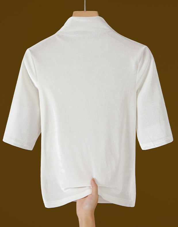 Women's Hepburn Style Black & White Half Turtleneck Gold Velvet Bottoming Shirt