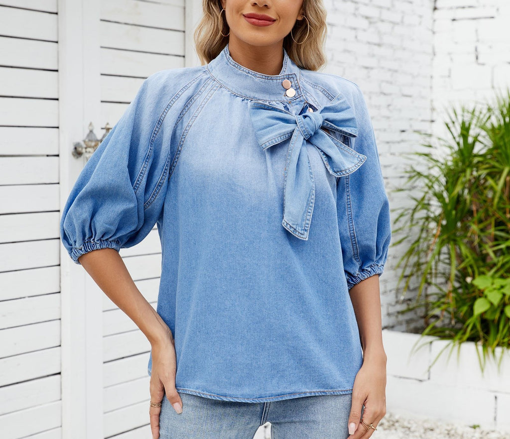 Spring New Women's Denim Shirt - Loose Fit, Tie Neckline, Bow Tie Top