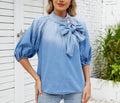 Spring New Women's Denim Shirt - Loose Fit, Tie Neckline, Bow Tie Top