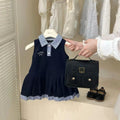 Girls Summer Baby Preppy Plaid Lapel Bow Princess Dress - RAC26JP5454BATDAS