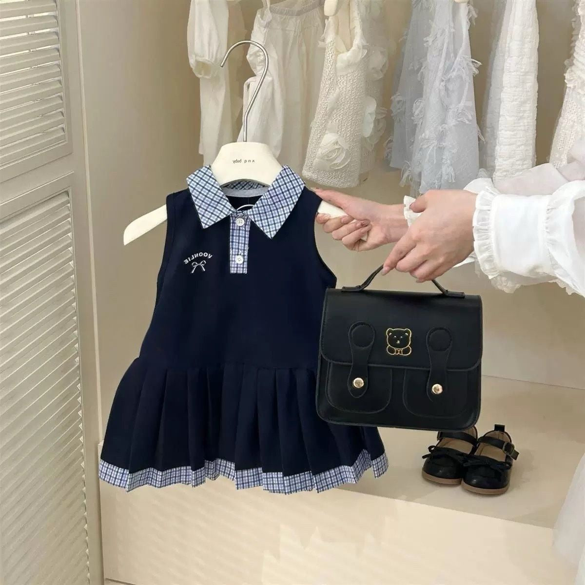Girls Summer Baby Preppy Plaid Lapel Bow Princess Dress - RAC26JP5454BATDAS