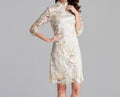 Spring‑Autumn French Chic Sister Embroidered Mesh Bodycon Dress – Elegant Floral Mesh Overlay, Long / 3⁄4 Sleeves, Form‑Fitting