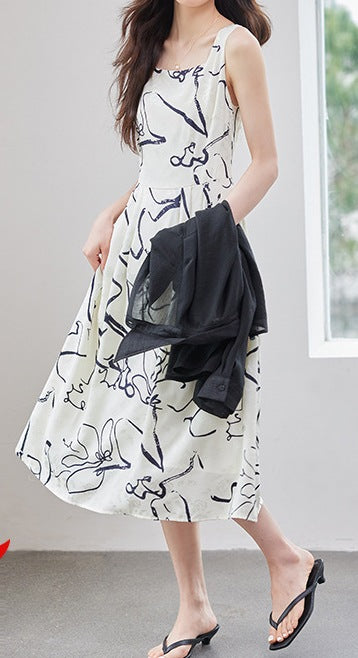 Women’s Casual Ink Print Square Neck Midi Dress – Elegant Summer Mid-Length Dress