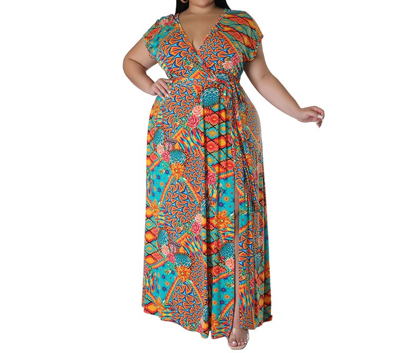 Women's Bohemian Mia V-Neck Summer Maxi Dress – Plus Size, Short Sleeves, Slit & Flowing Swing Skirt