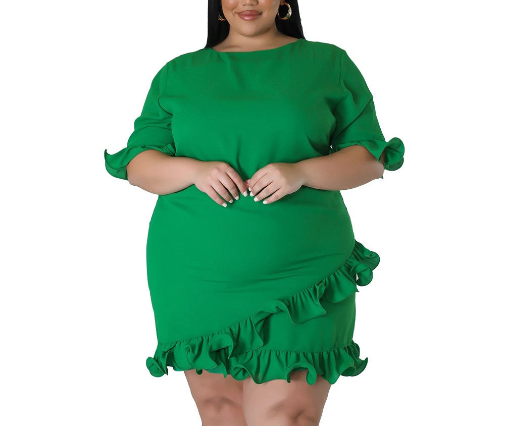 Plus Size Women's Slim Fit Ruffled Casual Dress – Solid Color, Round Neck
