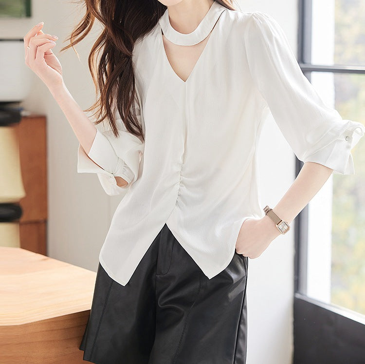 Women's Plus Size Casual Long Sleeve V-Neck Shirt - Versatile Spring & Autumn Top