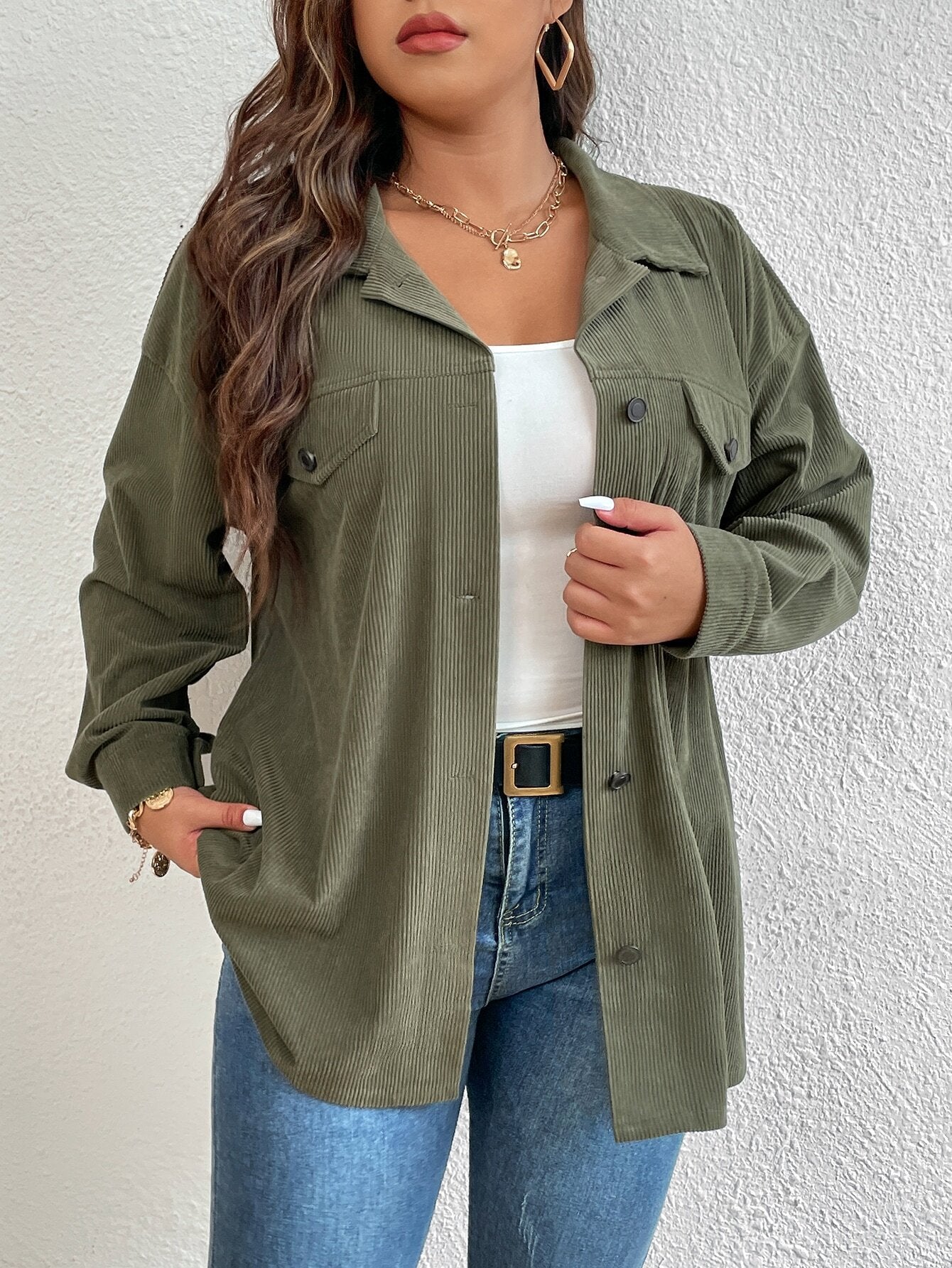 Plus Size Women's Denim Shirt Jacket – Autumn & Winter Single-Breasted Cardigan Outerwear Top