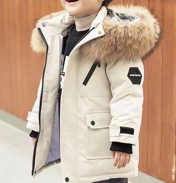 Winter Boys’ Cotton-Padded Jacket – Mid/Long-Length Thick Down Coat with Large Fur Collar - RAC25JP3250BOW