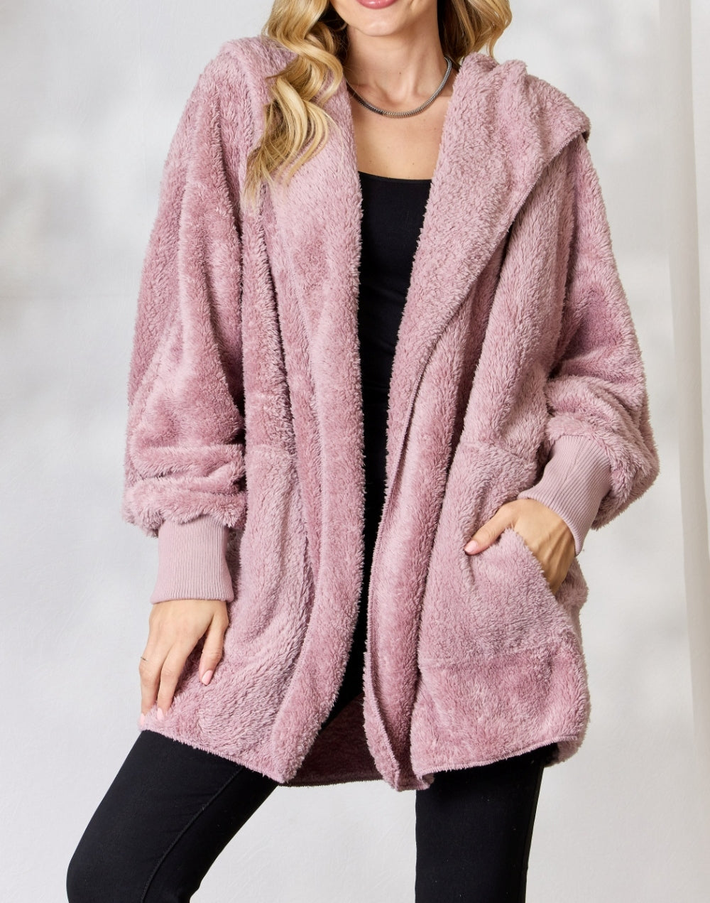 Women's H&T Faux Fur Open Front Hooded Jacket