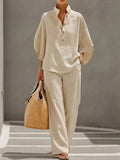 Women's New Two-Piece Shirt Suit Casual Button-Up Top and Matching Bottom Set