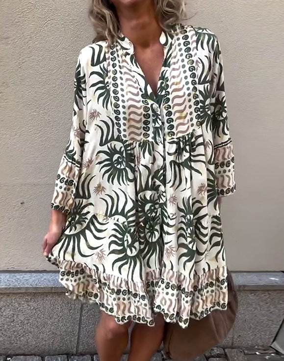 omen’s Printed V-Neck Long Sleeve Loose Casual Dress