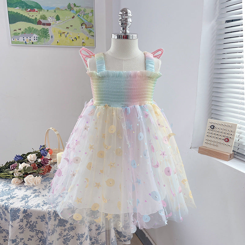 Girls’ Summer Dress – Dreamy Fairy Butterfly Rainbow Suspender Princess Dress - RAC25JP3276GDRESS