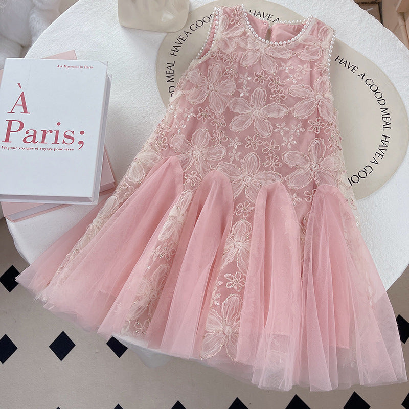 Summer New Girls’ Pearl Vest Dress – Elegant Princess Skirt for Medium and Large Children - RAC25JP3271GDRESS