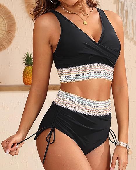 High Waist V-Collar Triangle Bikini Set with Lace-Up Detail and Split Design