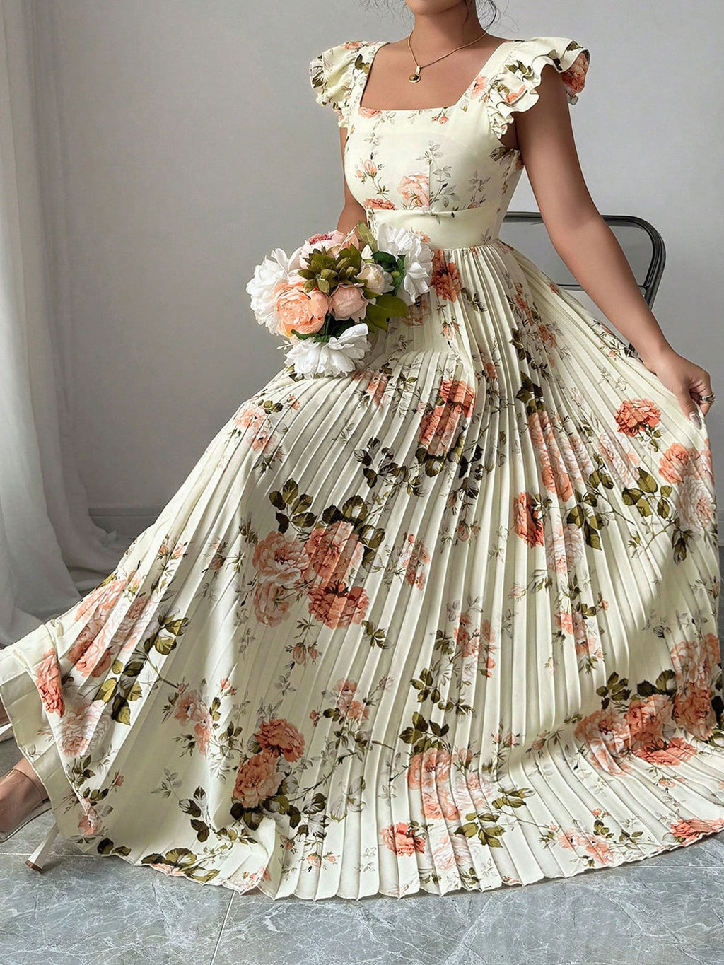 Women's Floral Print Flutter Sleeve Pleated Midi Dress with Defined Waist, Elegant Everyday Style
