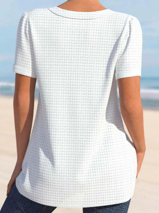 Summer New Solid Color Button V-Neck Short Sleeve Loose Fit Casual Top for Women