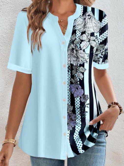 2026 Spring & Summer Women's Color-Block Striped V-Neck Button Shirt – Casual Printed Short Sleeve Fashion Top