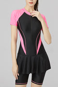 Women Short Sleeve Round Neck Stretchable Solid Pattern Elegant Swimwear