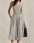 Women's Striped Off-Shoulder Halterneck Sleeveless Waist-Defined Dress