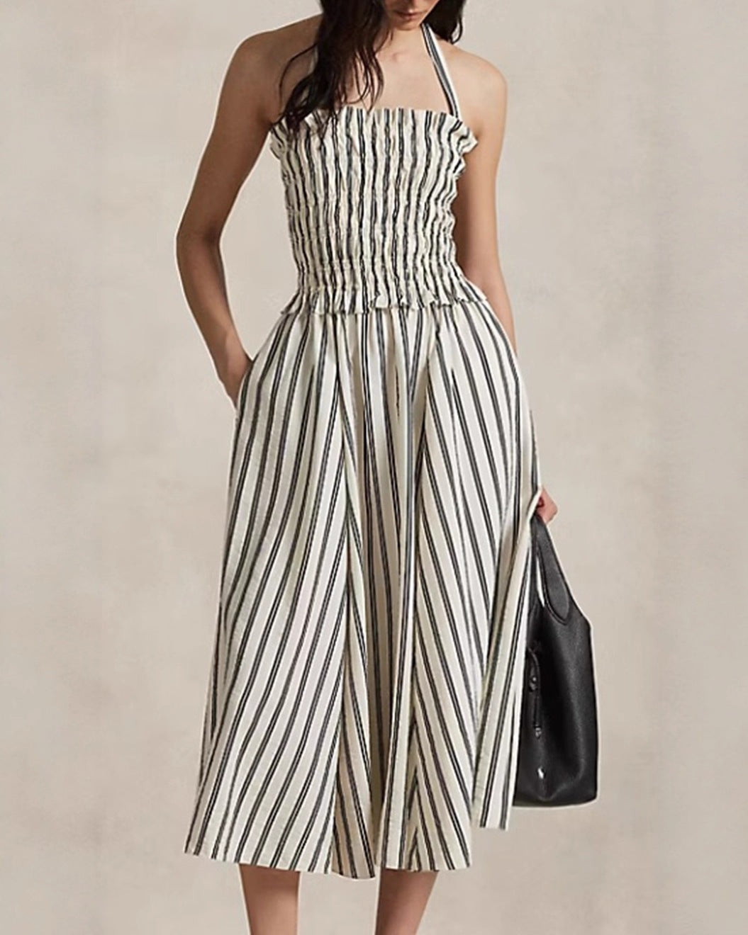Women's Striped Off-Shoulder Halterneck Sleeveless Waist-Defined Dress