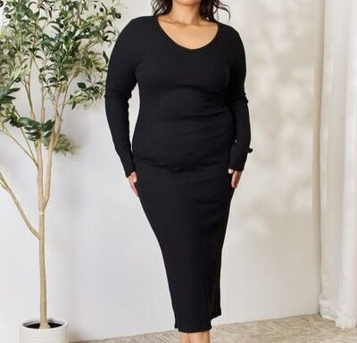 Women's Culture Code Full Size Ribbed Long Sleeve Midi Slit Dress