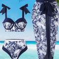 Plus Size Printed Push-Up Backless Beach Dress 3-Piece Swimsuit Set for Women