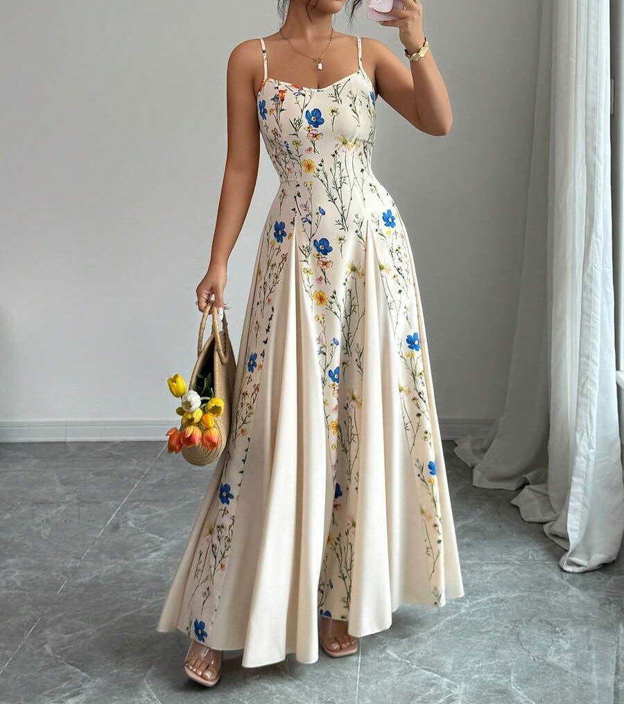 Women's Elegant Printed Strap Maxi Dress – Lightweight Sleeveless Summer Vacation Long Dress with Flowing Fit