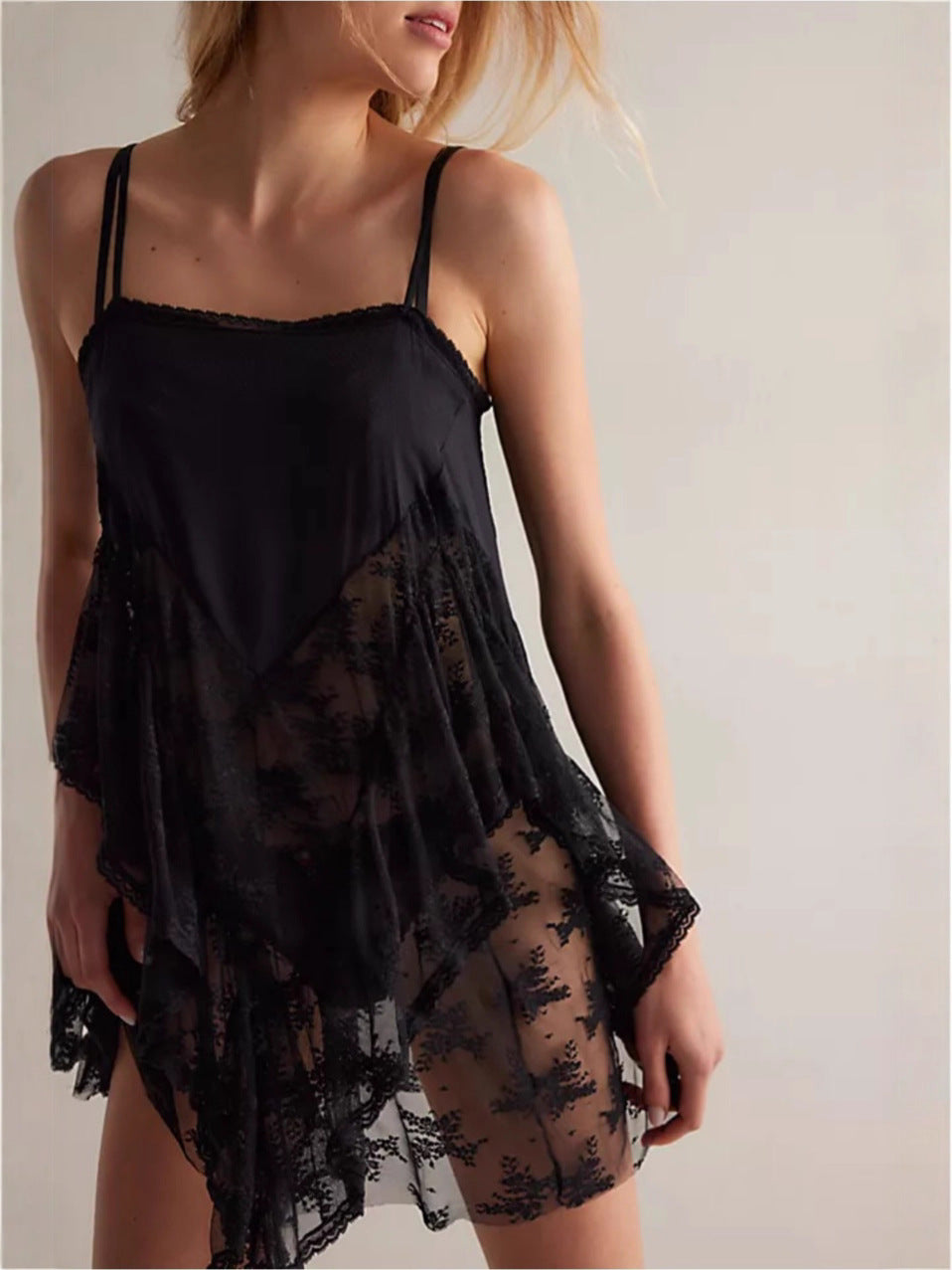 Women's Autumn Asymmetrical Lace Patchwork Suspender Top – Stylish Layered Camisole